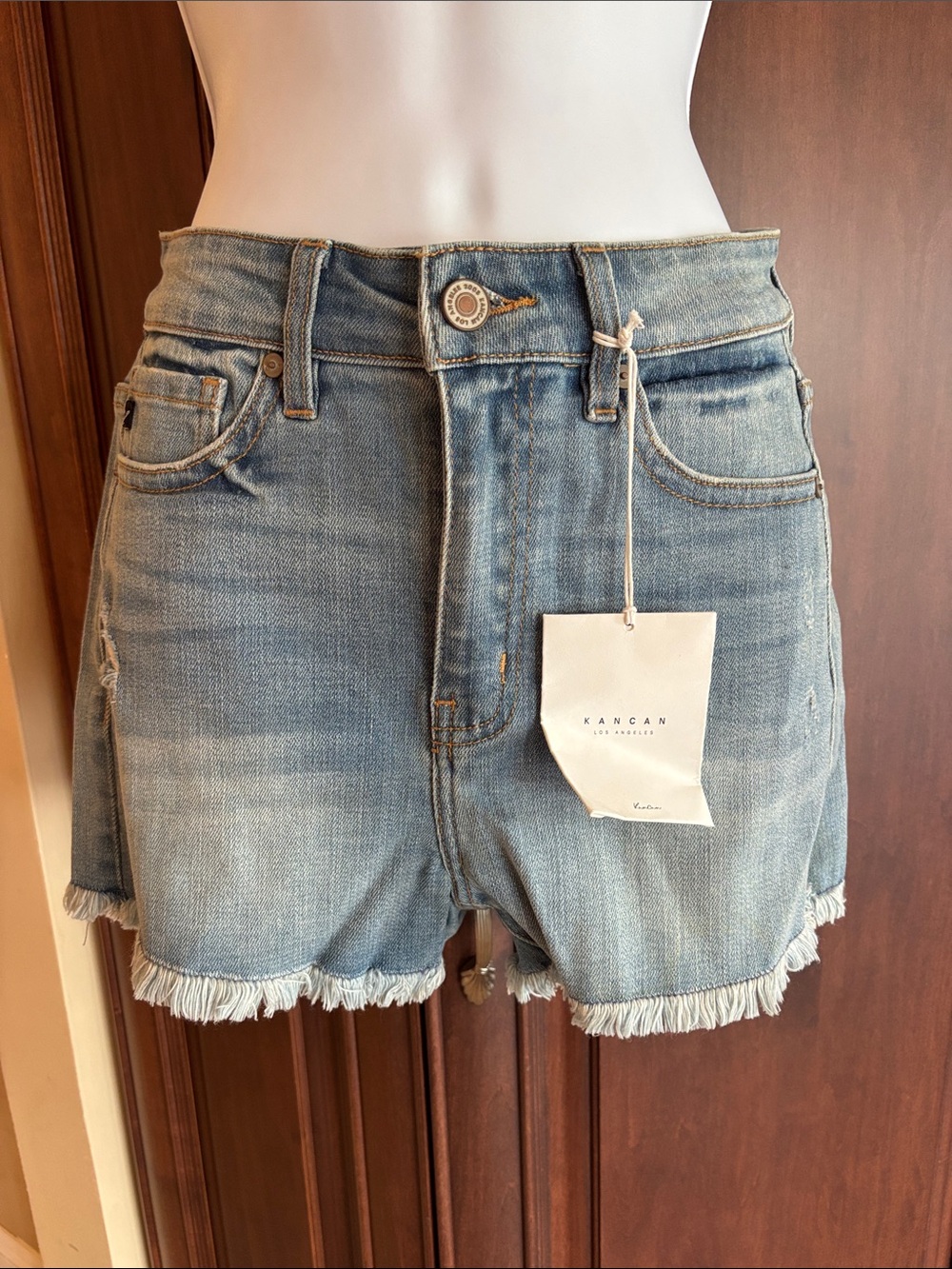 KanCan Light Wash Frayed Hem High Rise Denim Shorts